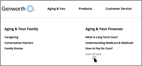 Genworth website navigating cost of care menu