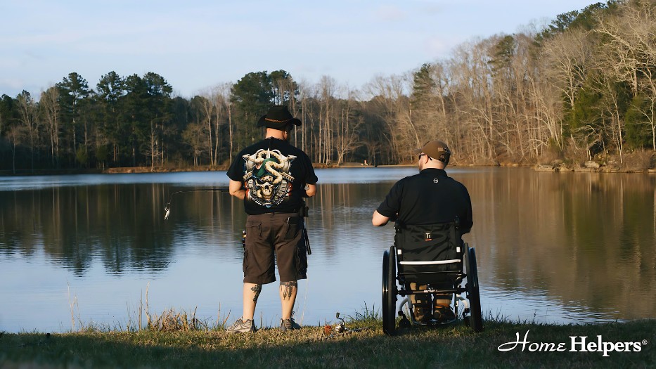 Home health aide and client fishing together.