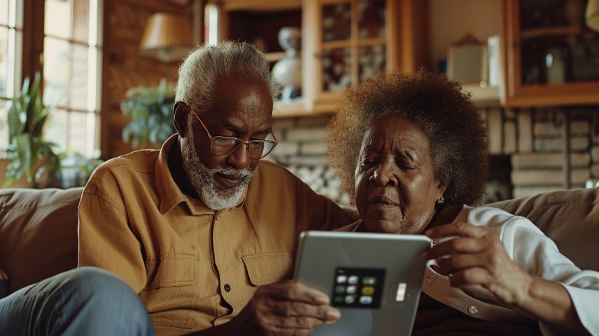Senior couple using a tablet on a cozy living-room sofa, showing companionship and help - Senior care Collierville, TN.
