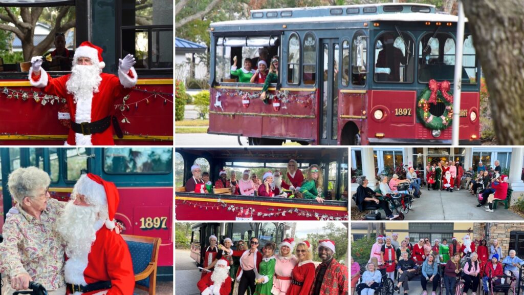 Holly Jolly Trolley Christmas Parade collage pictures with the organizers, sponsors, community staff, and residents.