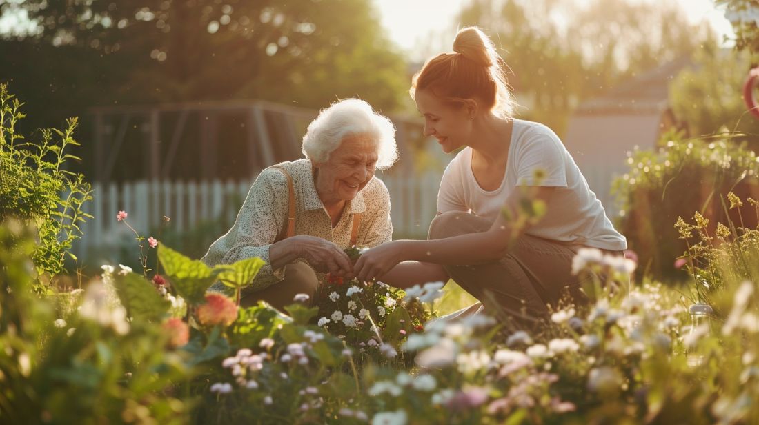 Caregiver assisting elderly woman gardening at sunset, flowers and white picket fence, Senior care Collierville, TN.
