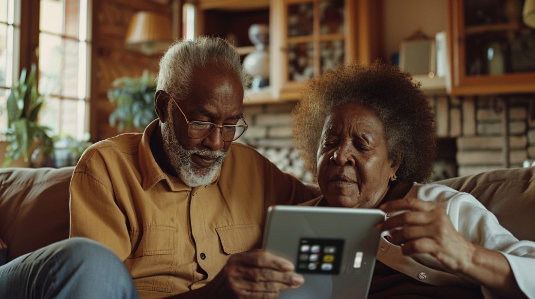 Senior couple using a tablet on a cozy living-room sofa, showing companionship and help - Senior care Collierville, TN.
