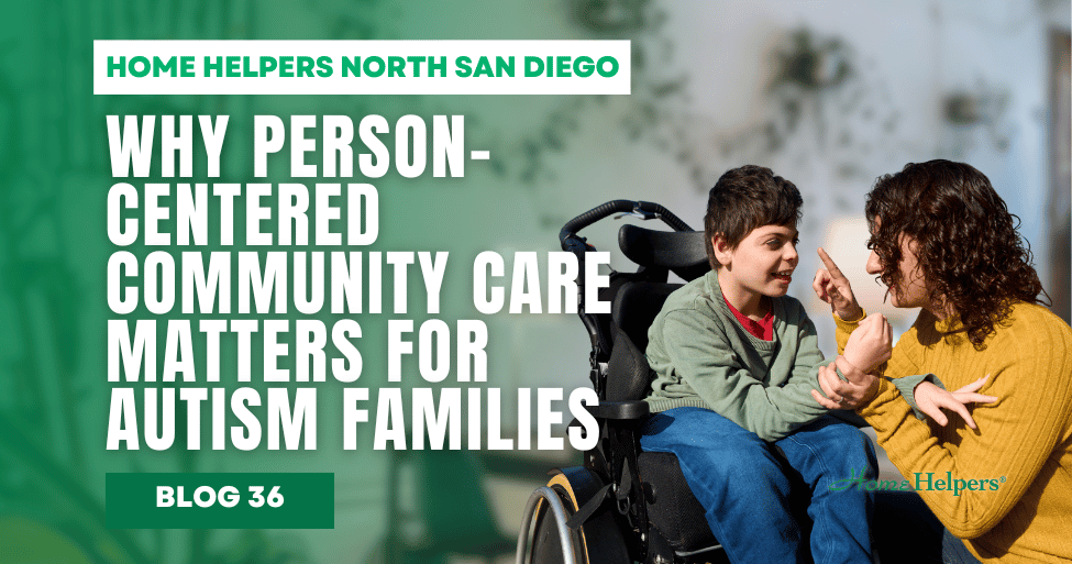 Caregiver providing person-centered community support for a child with autism, promoting inclusion and independence