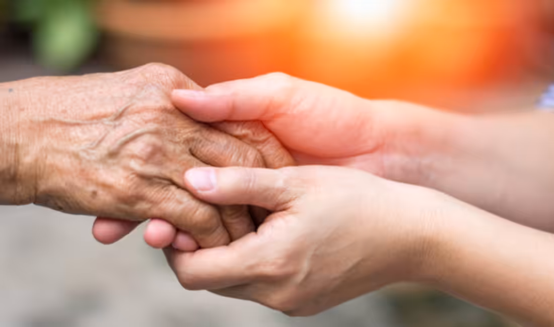 A close-up of a younger person gently holding an older person's hand, symbolizing care, support, and compassion against the backdrop of soft, warm light—highlighting the importance of preventing elder abuse through kindness and connection.