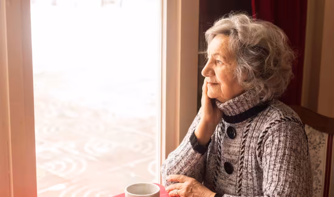 An elderly woman with gray hair, wearing a knit sweater, sits at a table with a cup of coffee, looking thoughtfully out of a sunlit window.