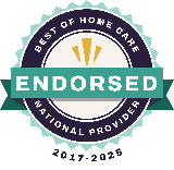 Circular badge with Best of Home Care National Provider 2017-2026 around the edge, a teal band with Endorsed in the center, and three gold rays above the word.