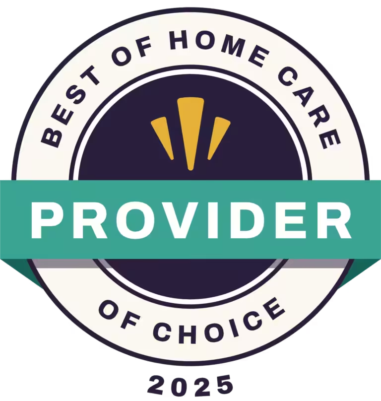 Circular badge with the text “Best of Home Care Provider of Choice 2025” and a green banner across the center displaying the word “Provider” in white.