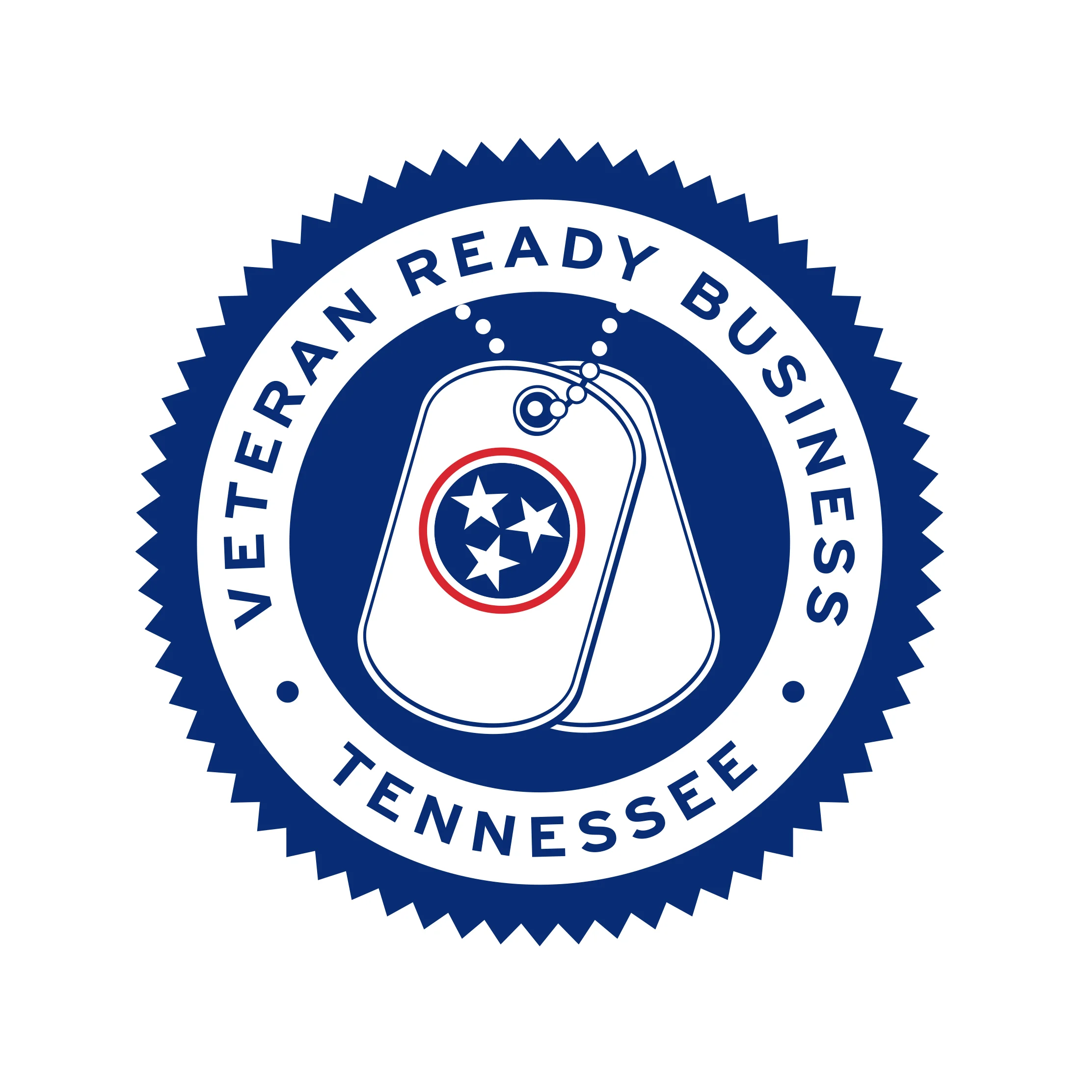 A round blue badge with dog tags, one featuring the Tennessee flag emblem, and the words Veteran Ready Business Tennessee around the edge.