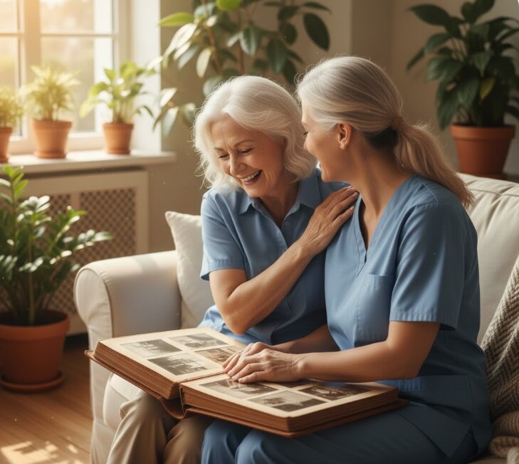 Professional screened caregiver sharing a compassionate moment with an elderly woman, illustrating trust and emotional support in home care