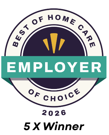 Circular badge with the text Best of Home Care Employer of Choice 2026, featuring a teal banner labeled Employer and gold graphic accents. Text below reads 5X Winner.