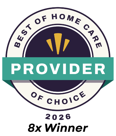 A circular badge reading Best of Home Care Provider of Choice 2026 with Provider highlighted in a green banner across the middle and 8x Winner written below.