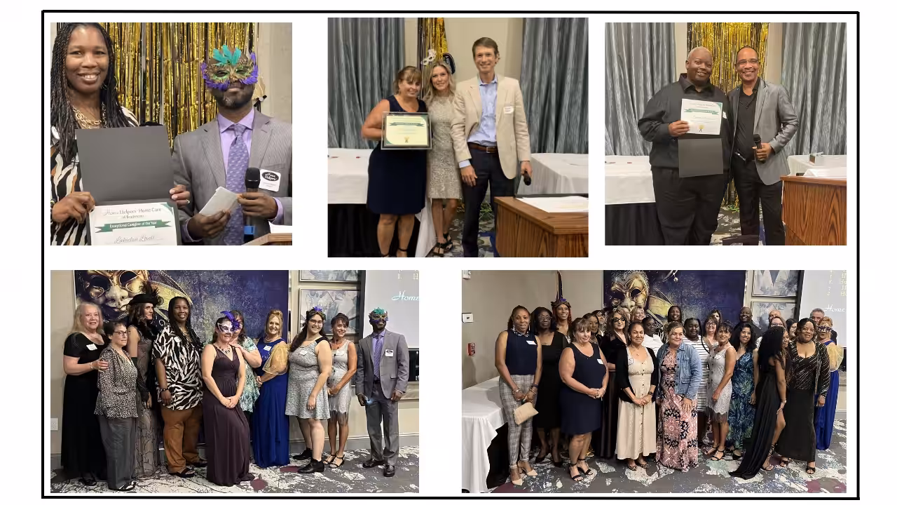 A collage of five photos shows people dressed formally at an indoor event, some holding certificates. Several are wearing or holding colorful masks. Groups pose smiling in front of festive backgrounds with gold and blue decorations.