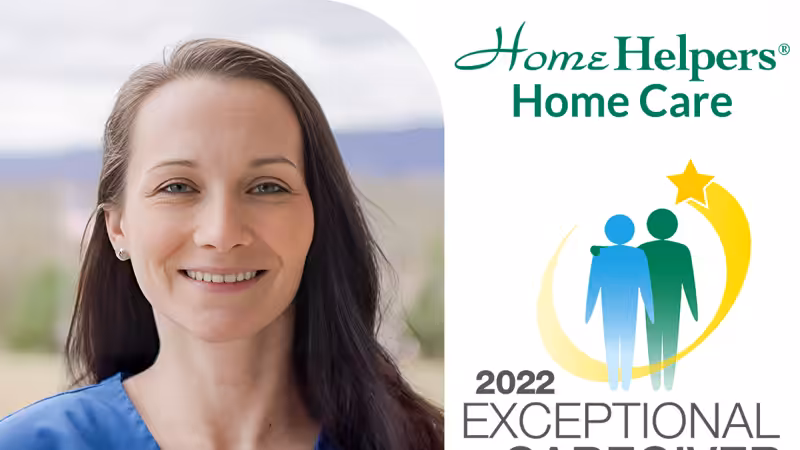 A woman in a blue top smiles outdoors next to the Home Helpers Home Care logo and a 2022 Exceptional Caregiver award graphic featuring two figures and a yellow star.