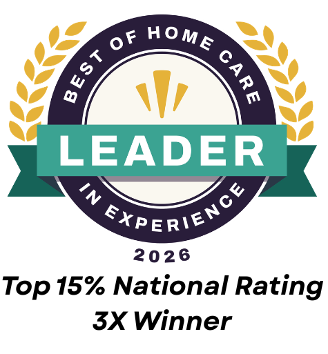 Circular badge with gold laurel leaves and the words “Best of Home Care – Leader in Experience 2026.” Green ribbon with “LEADER.” Below, text reads “Top 15% National Rating, 3X Winner.”.
