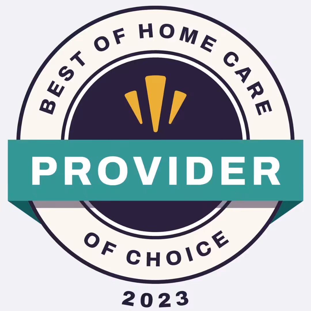 Circular badge with the text Best of Home Care Provider of Choice 2023 and a green ribbon across the center displaying Provider in bold white letters.