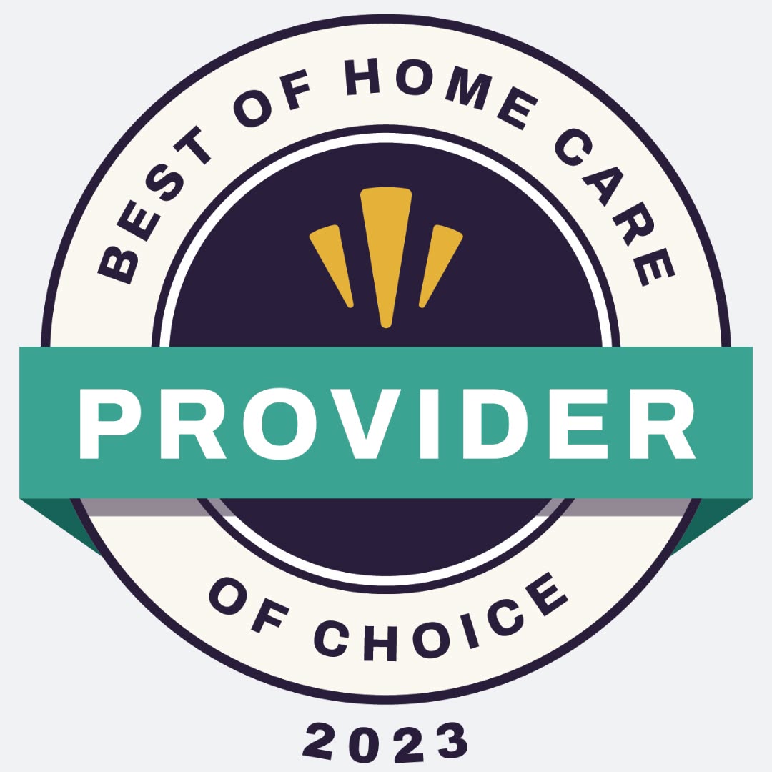 Circular badge with the text Best of Home Care Provider of Choice 2023 and a green ribbon across the center displaying Provider in bold white letters.