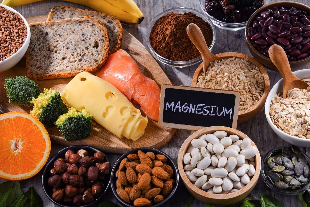 A variety of magnesium-rich foods including bread, salmon, cheese, broccoli, orange, nuts, seeds, beans, cocoa powder, oats, rice, and a chalkboard labeled Magnesium are displayed on a wooden table.