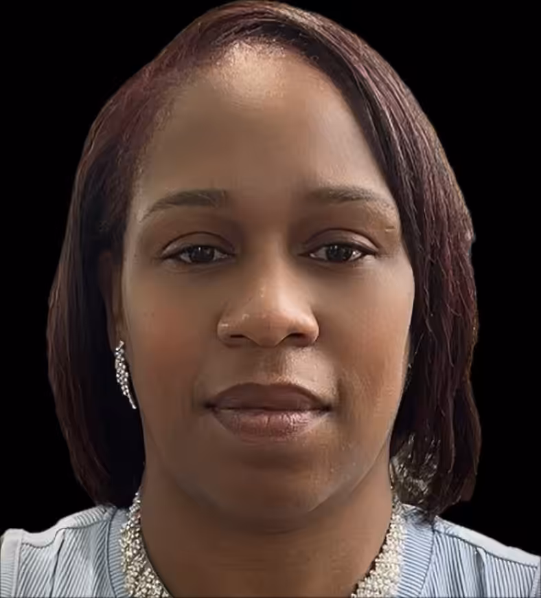 A woman with straight, shoulder-length dark hair, wearing a light blue top, sparkly earrings, and a matching necklace, is pictured facing forward against a solid black background.