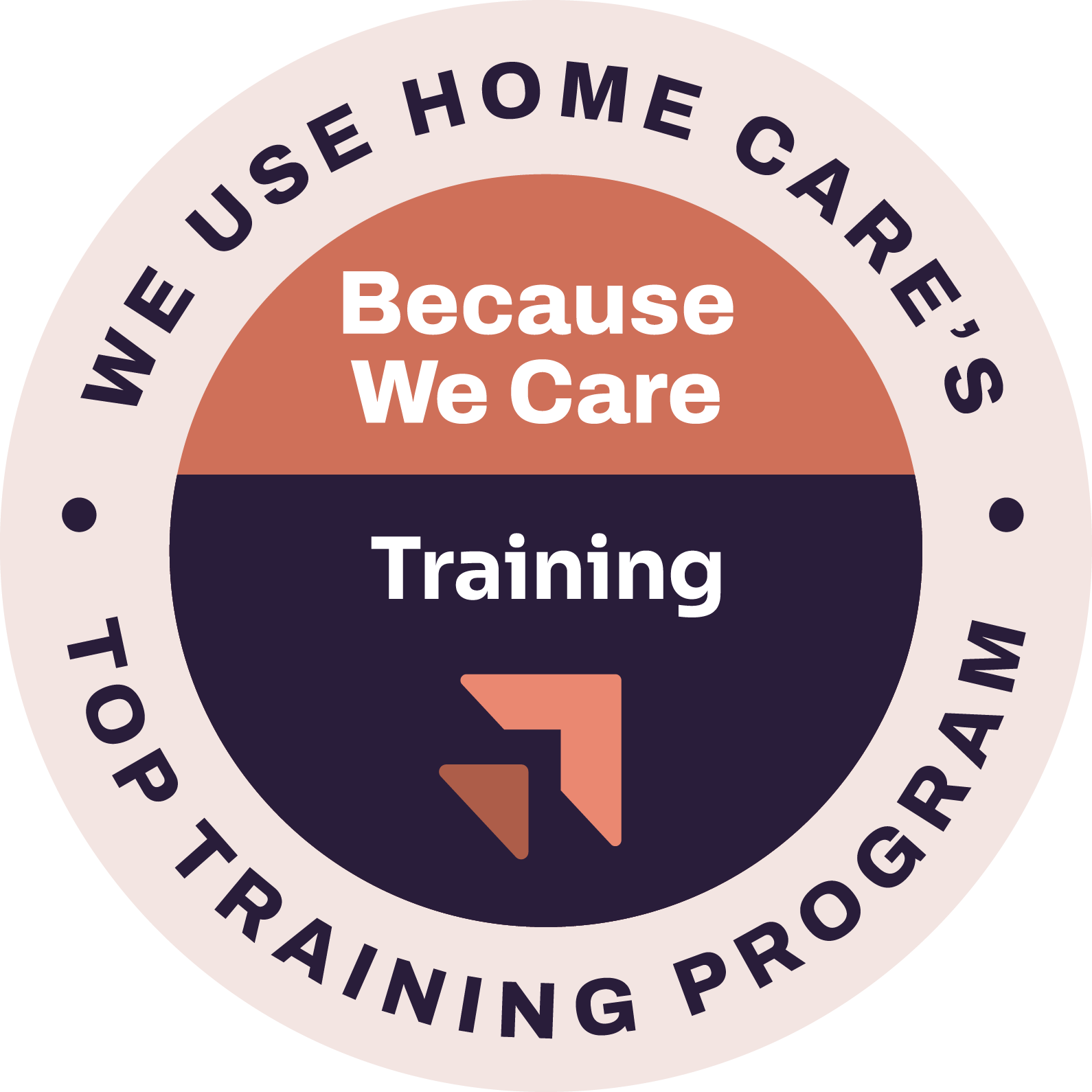 A circular badge reads WE USE HOME CARES TOP TRAINING PROGRAM. Inside, it says Because We Care Training above a stylized arrow logo. Colors are blush pink, dark purple, and coral.