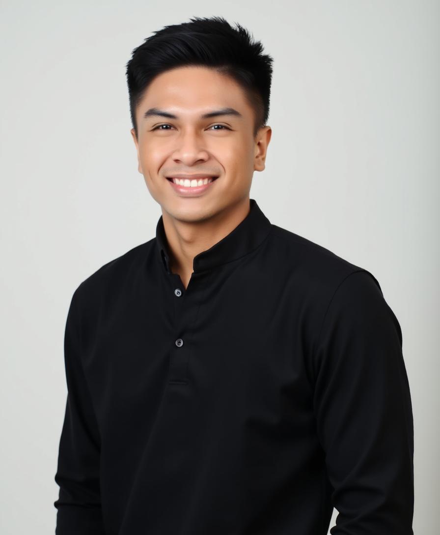 A young man with short black hair smiles at the camera. He is wearing a black button-up shirt with a stand-up collar, and the background is plain and light-colored.