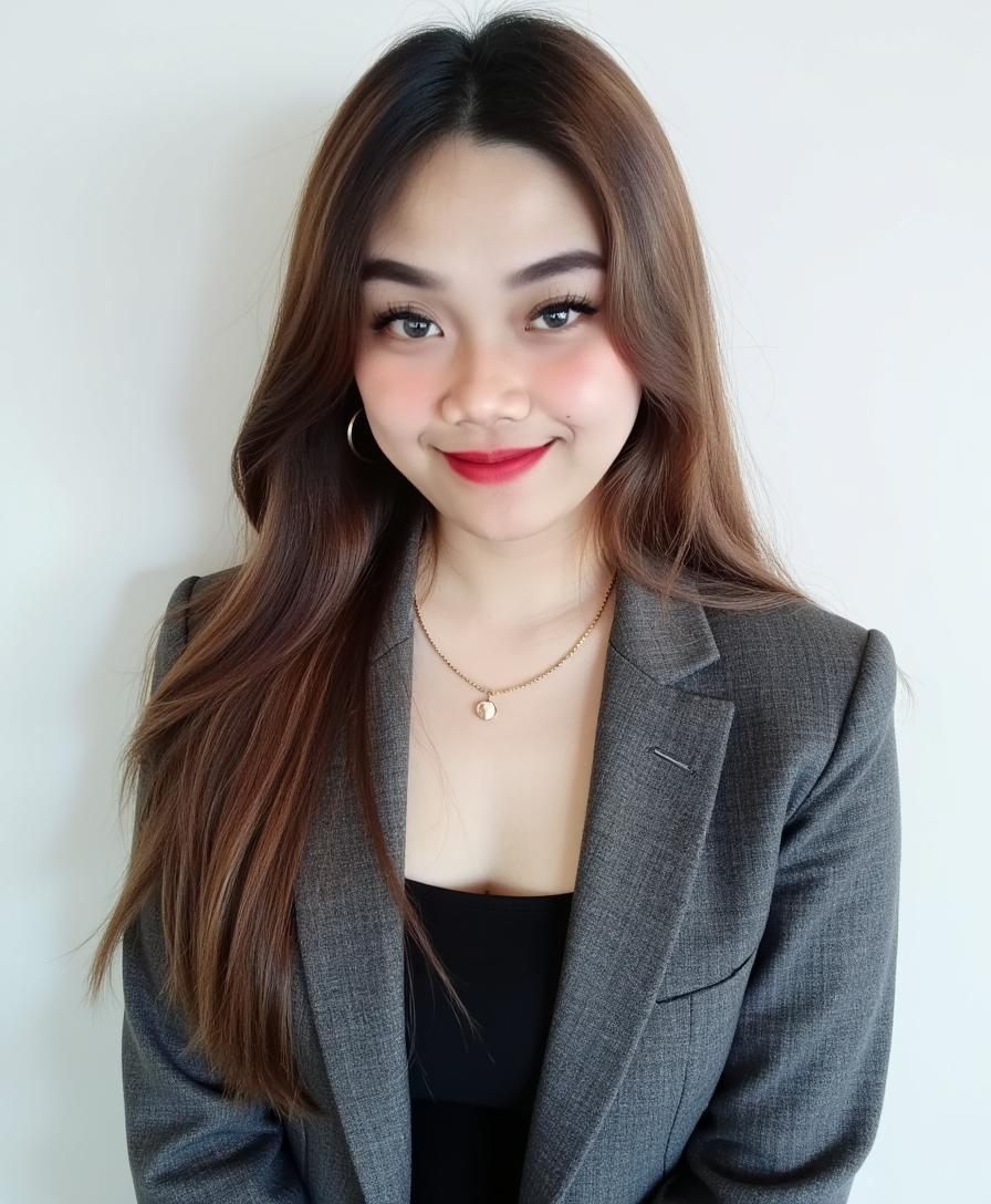 A young woman with long brown hair, wearing a gray blazer over a black top, gold hoop earrings, and a necklace, smiles while standing in front of a plain white background.