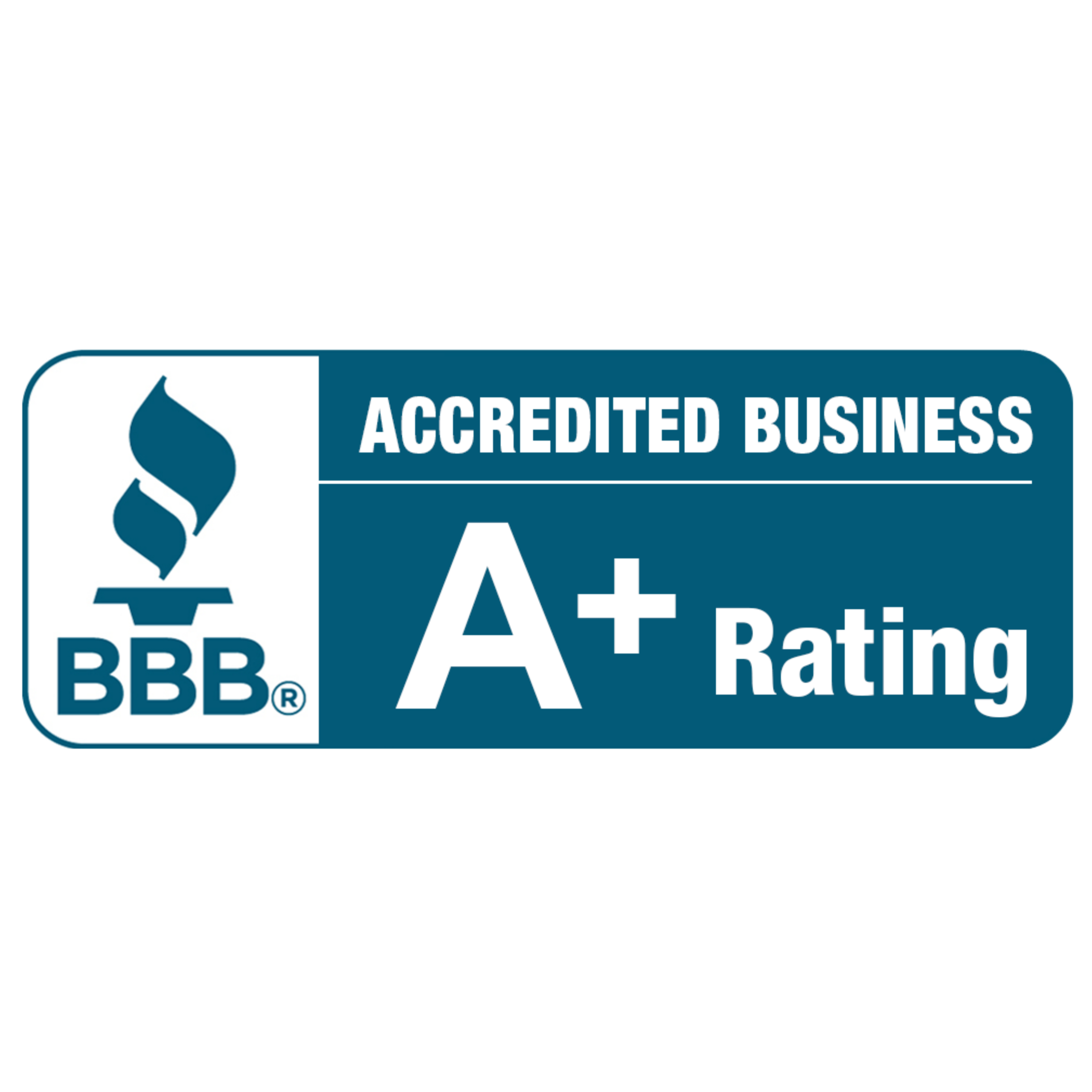 A blue and white badge featuring the BBB torch logo, the words ACCREDITED BUSINESS, and a large A+ Rating, indicating a high rating from the Better Business Bureau.