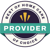 A circular badge with Best of Home Care of Choice around the edge and Provider on a teal banner across the center, with three gold shapes above the word.