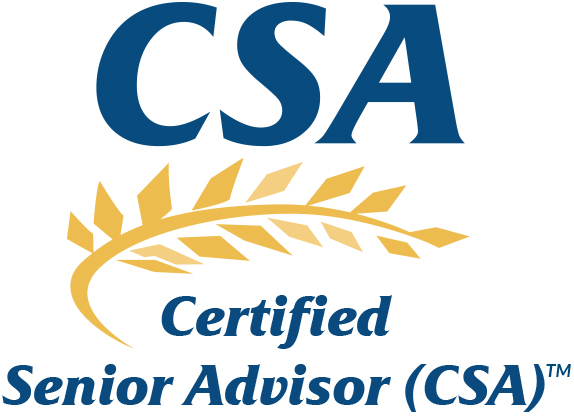 Logo for the Certified Senior Advisor (CSA) credential, featuring the text CSA above a gold wheat graphic and the full title Certified Senior Advisor (CSA) below.