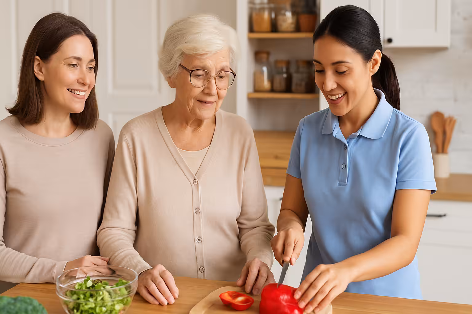 Three women of different ages stand together in a kitchen. One woman slices a red bell pepper on a cutting board while the others watch and smile. A bowl of chopped vegetables sits on the counter.
