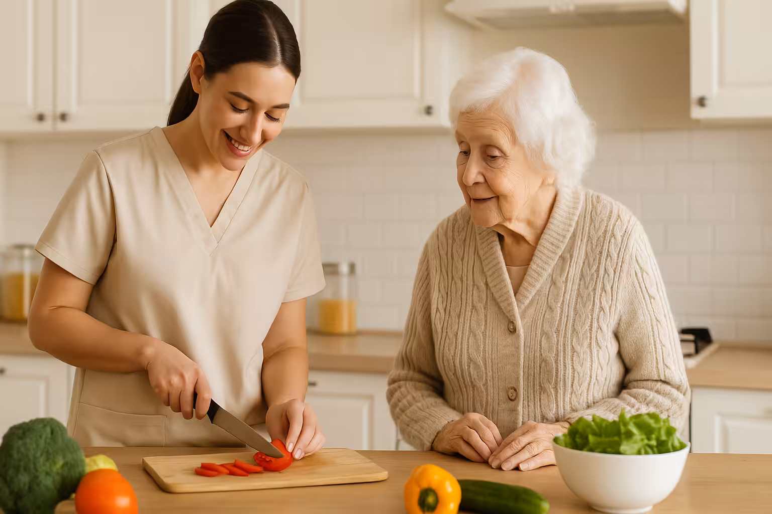 A young caregiver slices red bell pepper on a cutting board in a bright kitchen while an elderly woman in a beige sweater smiles and watches. Fresh vegetables and a bowl of lettuce are on the counter.