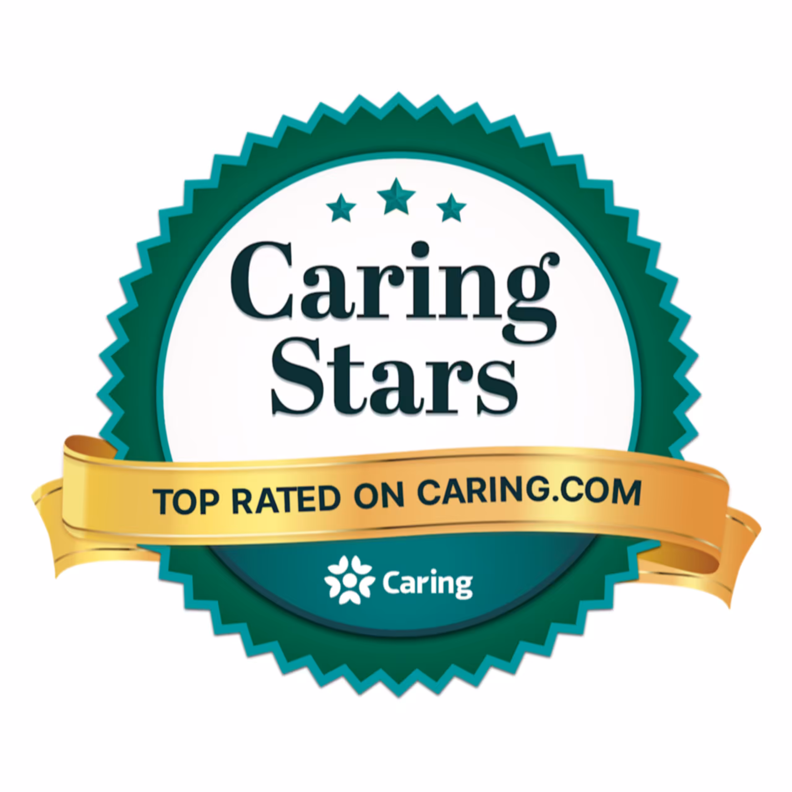 A green and white badge with three stars at the top reads Caring Stars. A gold ribbon across the badge says Top Rated on Caring.com with the Caring logo below.