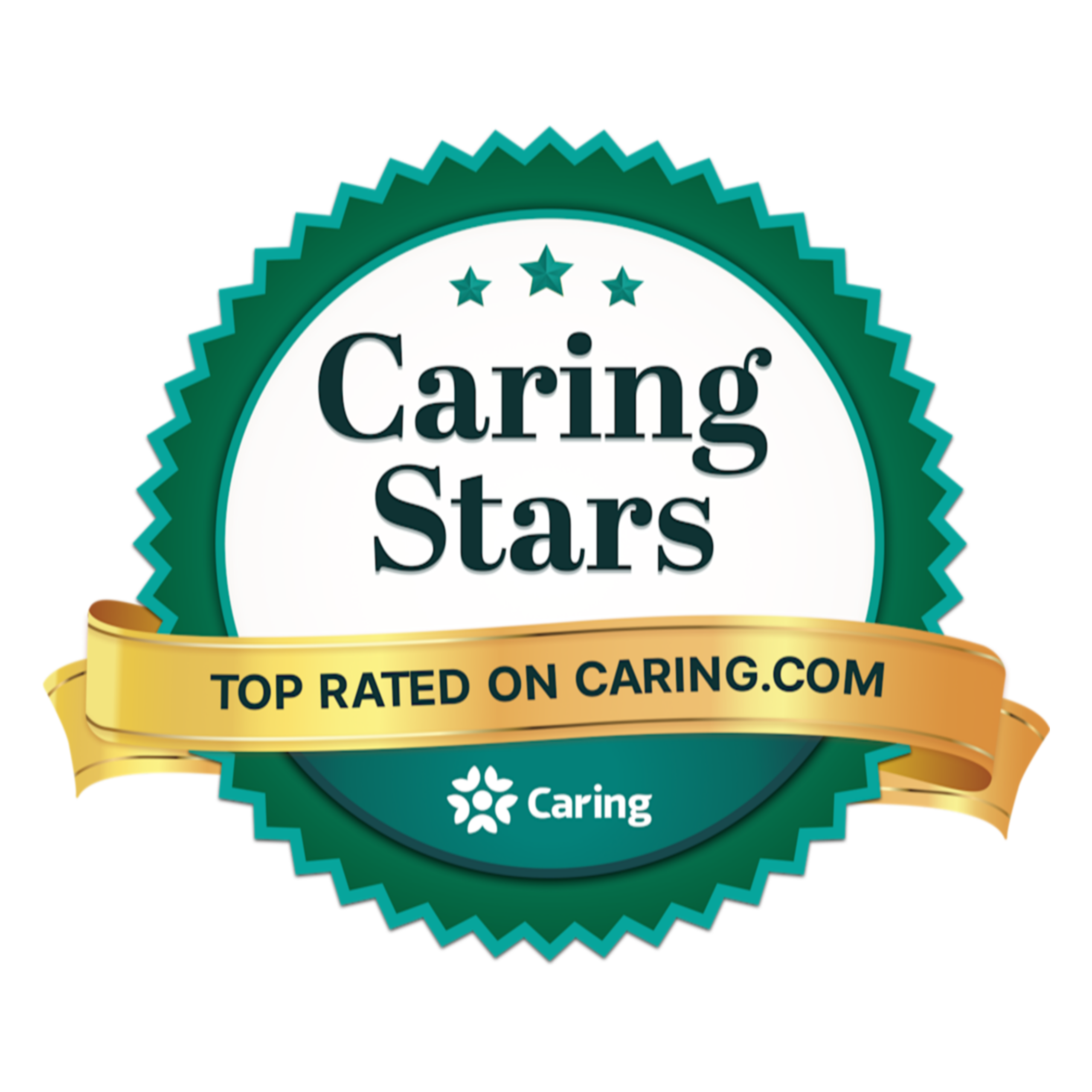 A green and white badge with three stars at the top reads Caring Stars. A gold ribbon across the badge says Top Rated on Caring.com with the Caring logo below.