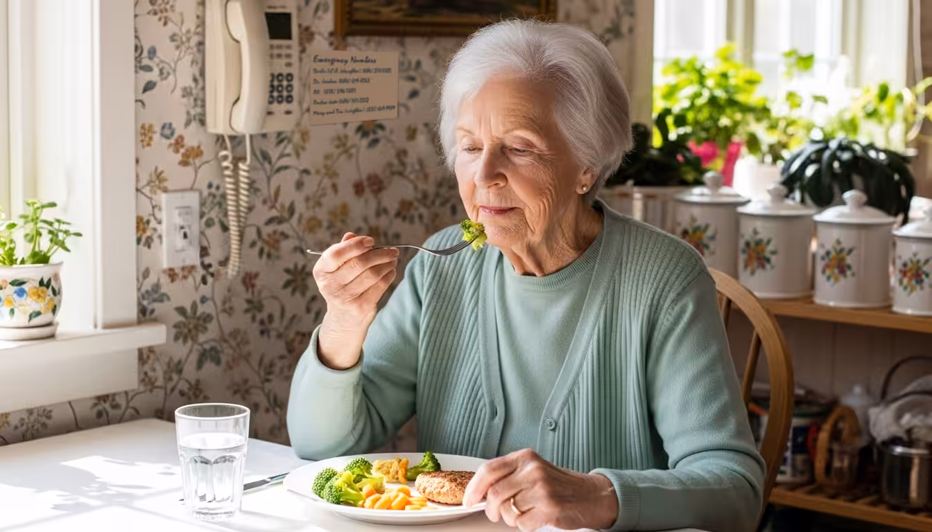 An elderly woman with white hair sits at a kitchen table, eating a meal of vegetables and chicken. She wears a light green sweater and is holding a fork, with sunlight streaming in through a nearby window.