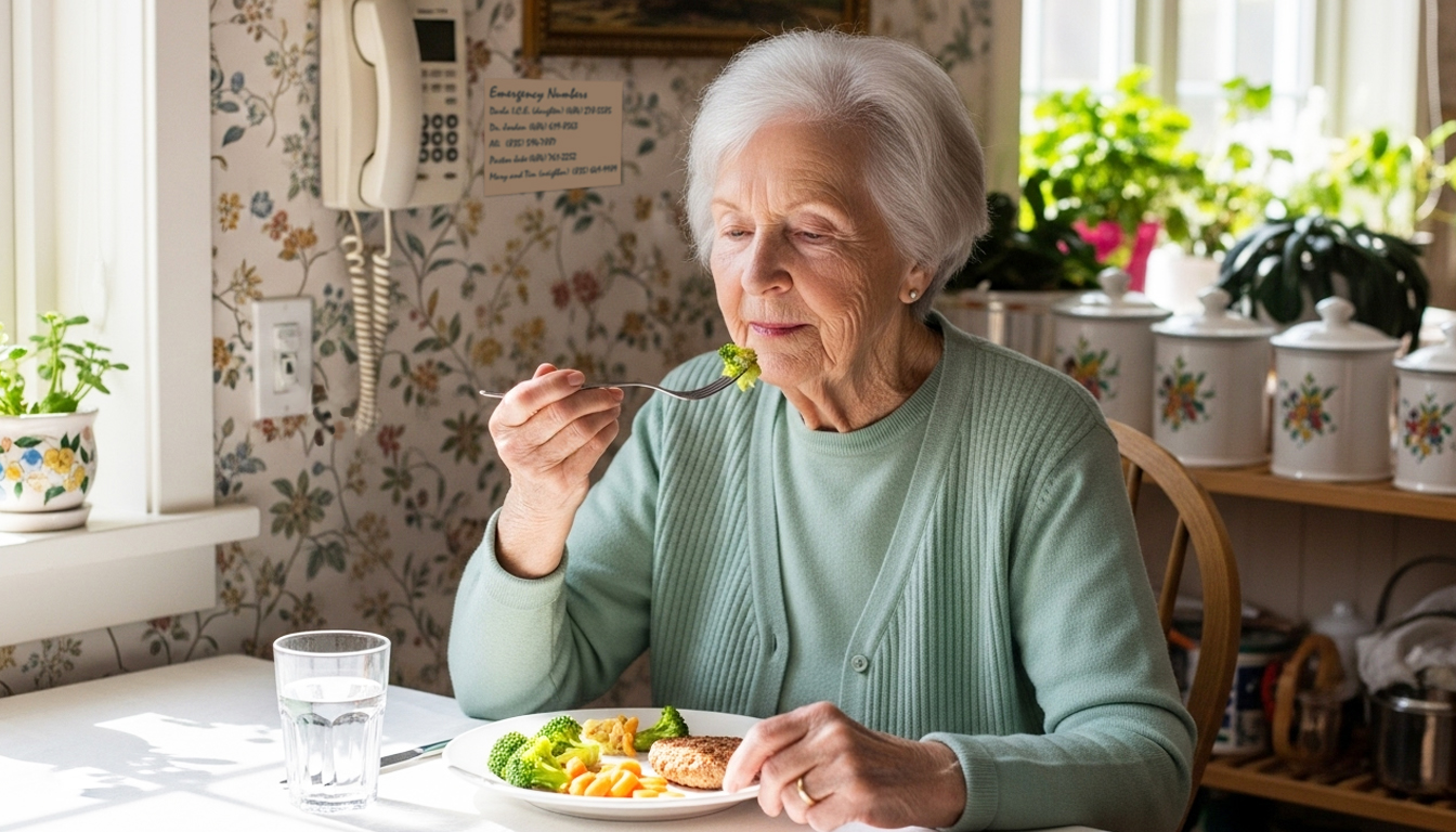 An elderly woman with white hair sits at a kitchen table, eating a meal of vegetables and chicken. She wears a light green sweater and is holding a fork, with sunlight streaming in through a nearby window.