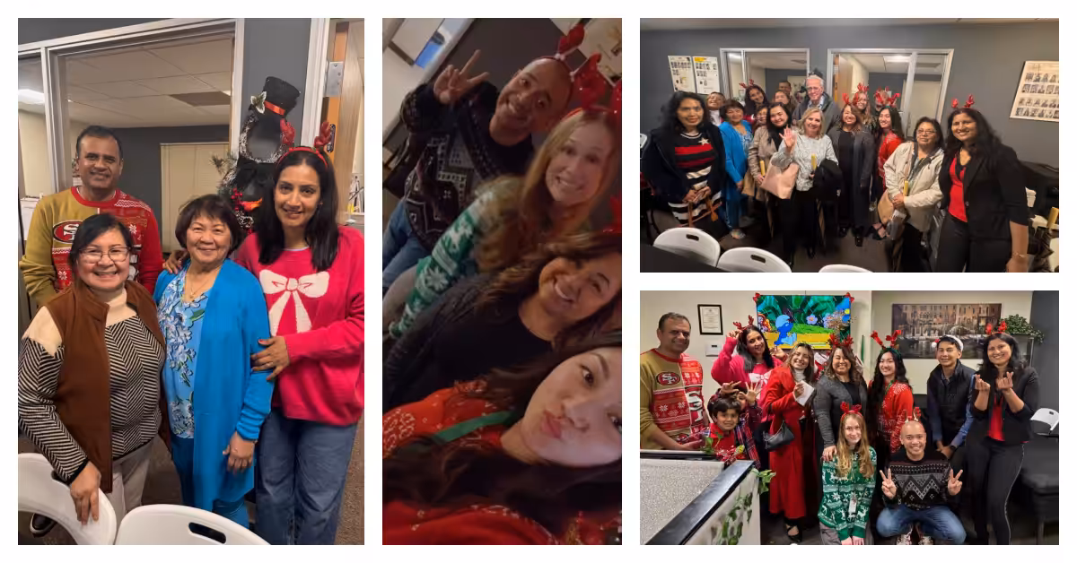 A collage of group photos shows people at a holiday party, wearing festive sweaters, reindeer antlers, and smiling together indoors. There are Christmas decorations in the background.