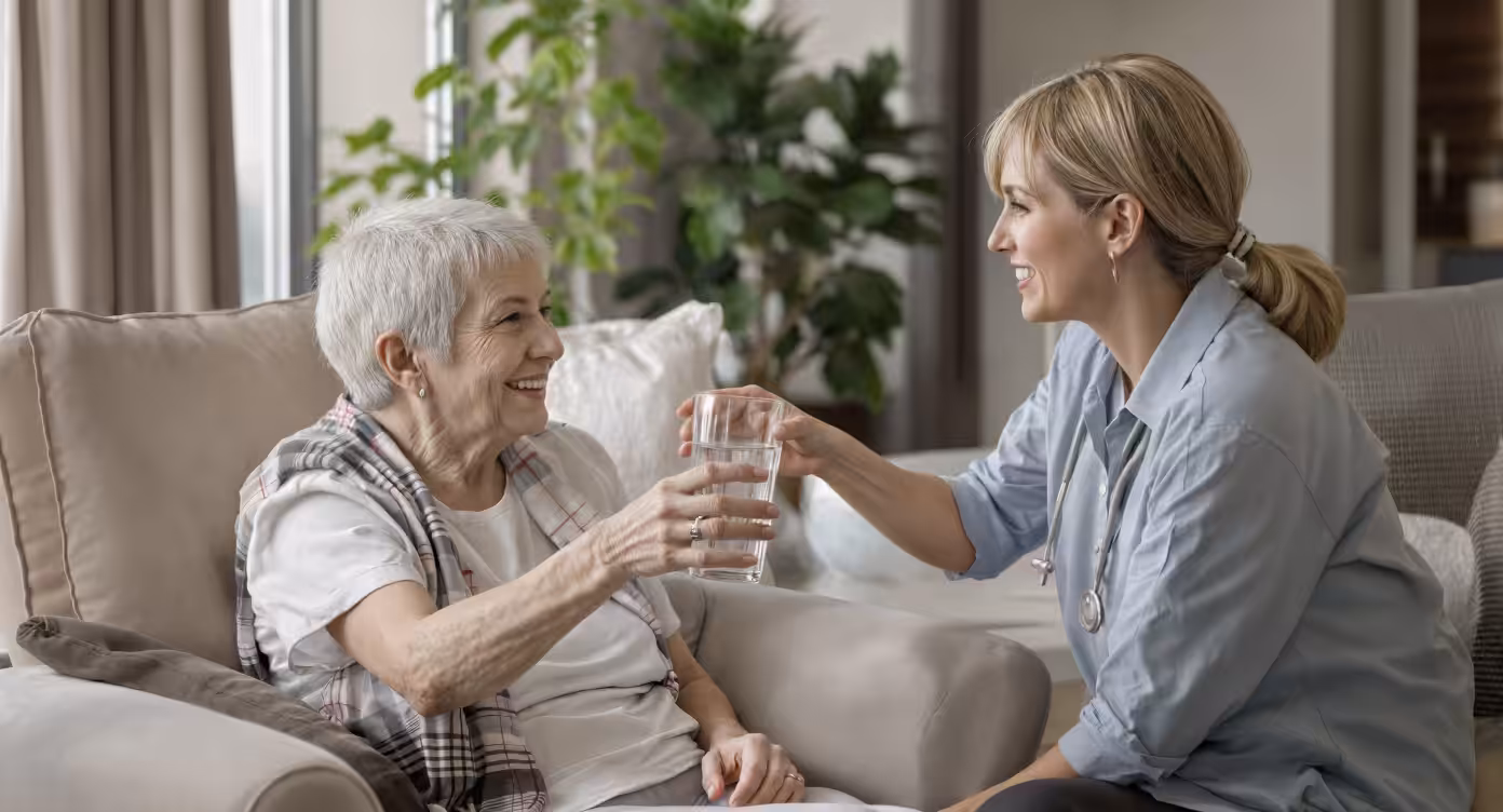 A smiling healthcare worker hands a glass of water to an elderly woman sitting in an armchair. They are indoors, and the atmosphere is warm and friendly, with plants visible in the background.