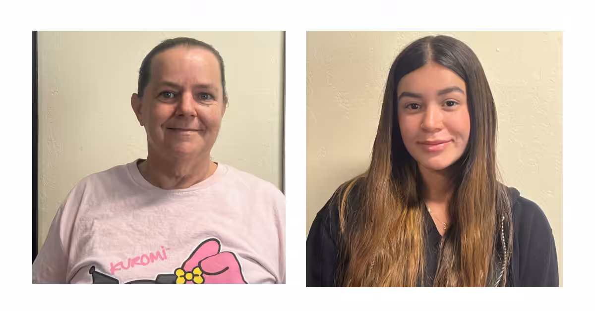 Two women are shown in side-by-side portraits, both smiling. The woman on the left has her hair pulled back and wears a light pink Kuromi T-shirt. The woman on the right has long brown hair and wears a black zip-up hoodie.