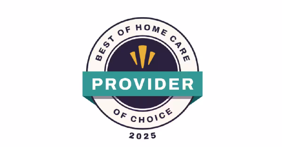 A circular badge reads “Best of Home Care – Provider of Choice 2025.” The word Provider is highlighted on a green ribbon across the center. The badge features gold and purple accent details.