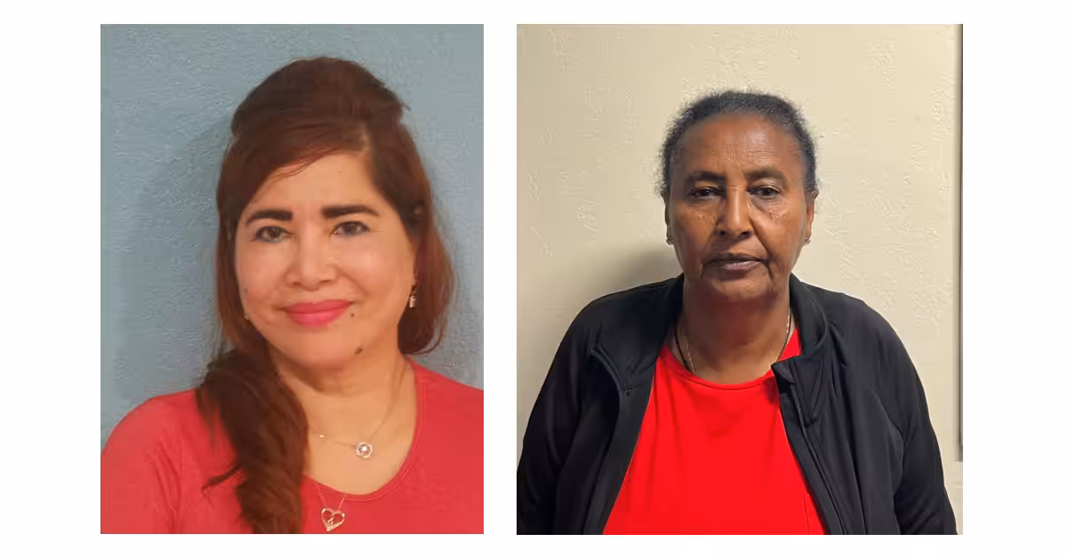 Two women are shown in separate portraits. The woman on the left has long brown hair and wears a red top, smiling at the camera. The woman on the right has short hair, wears a red shirt with a black jacket, and has a neutral expression.