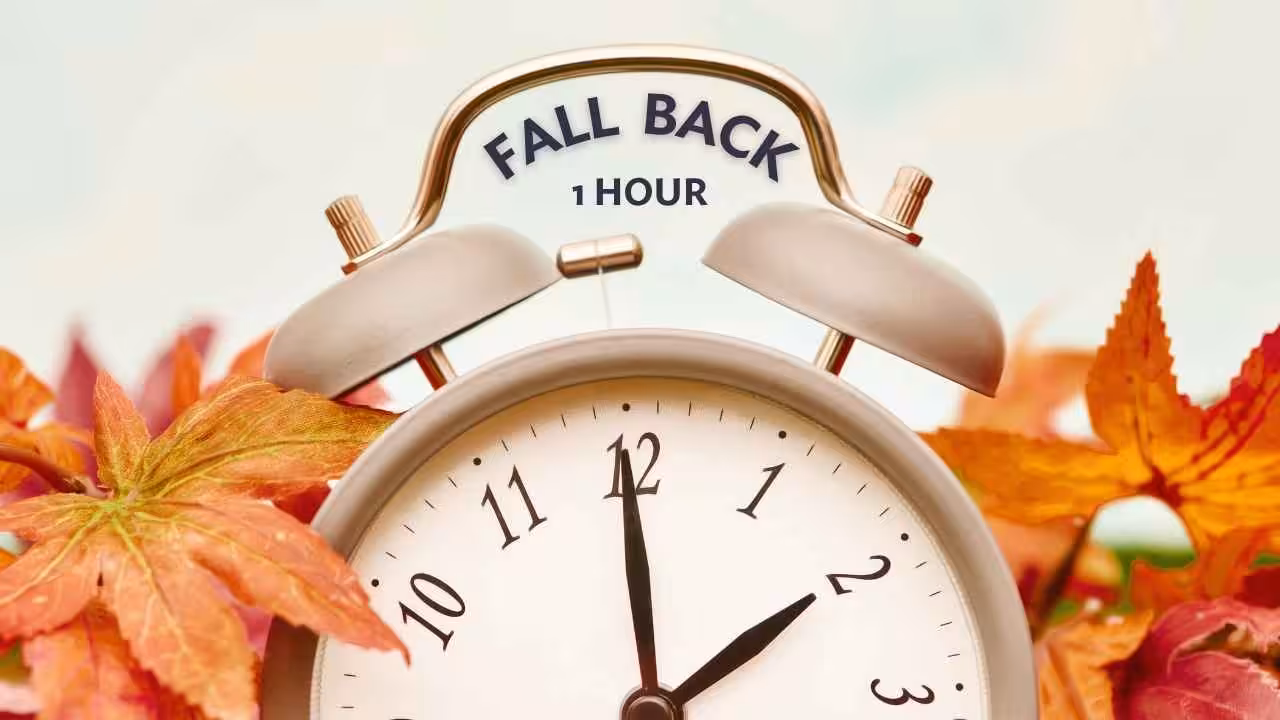 A silver alarm clock surrounded by colorful autumn leaves shows the time set back from 2 to 1 o’clock, with the words FALL BACK 1 HOUR above it, symbolizing the end of daylight saving time.