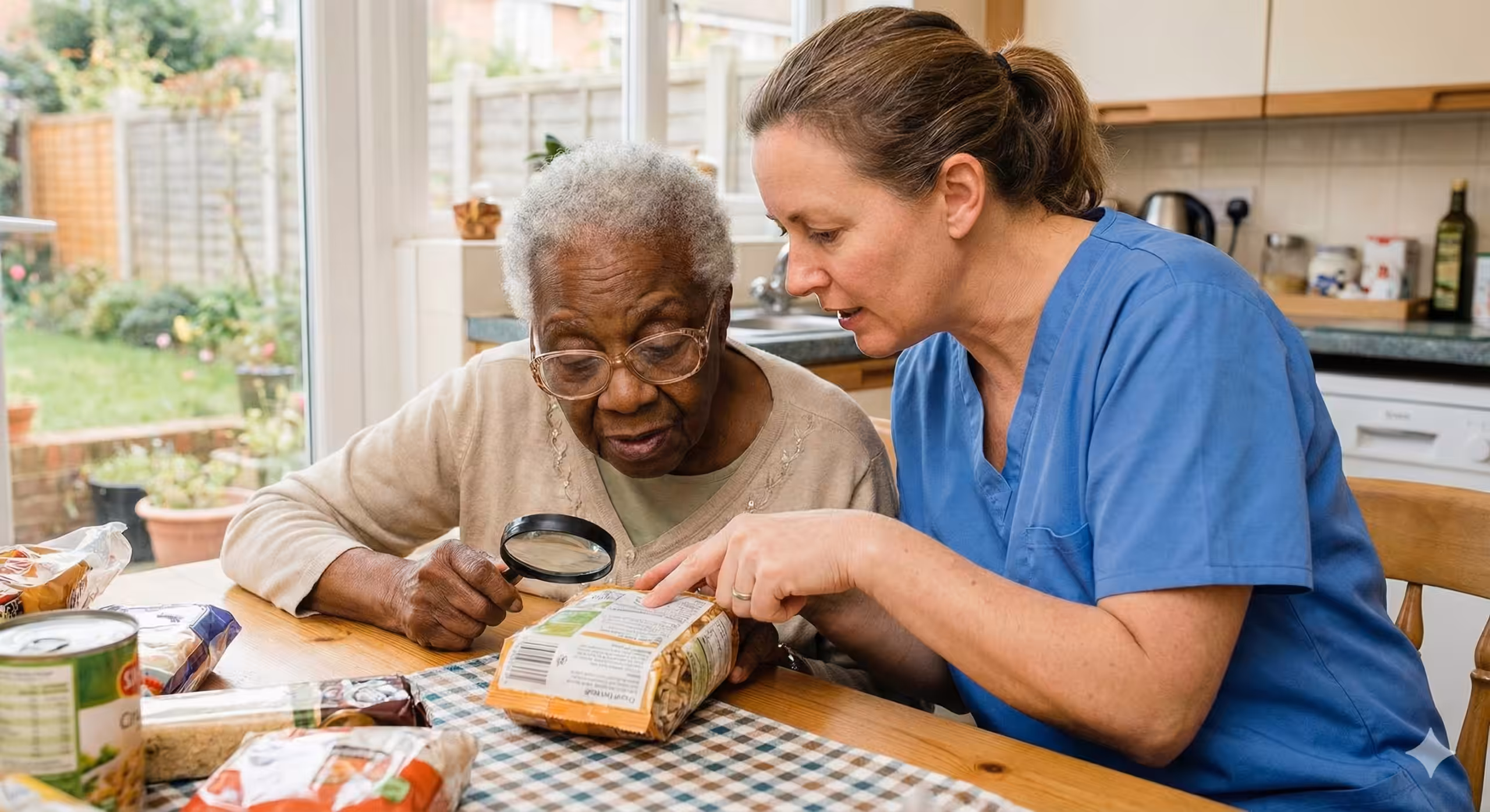 An elderly woman uses a magnifying glass to read a food package label while a healthcare worker in blue scrubs sits beside her, pointing at the packaging in a kitchen setting.