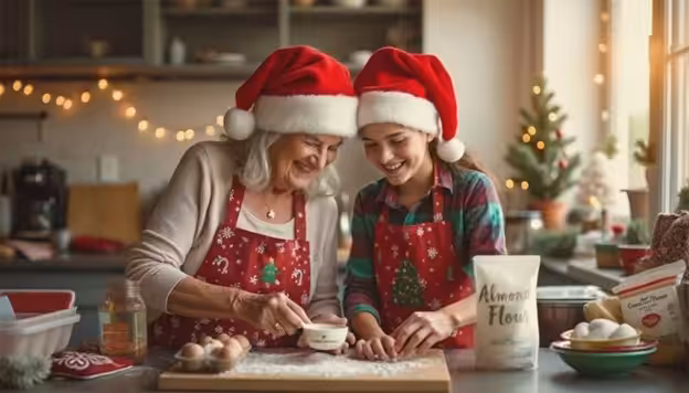 Two people wearing Santa hats and Christmas aprons smile while baking together in a festive kitchen. They mix ingredients on a floured surface, with almond flour, eggs, and holiday decorations visible around them.