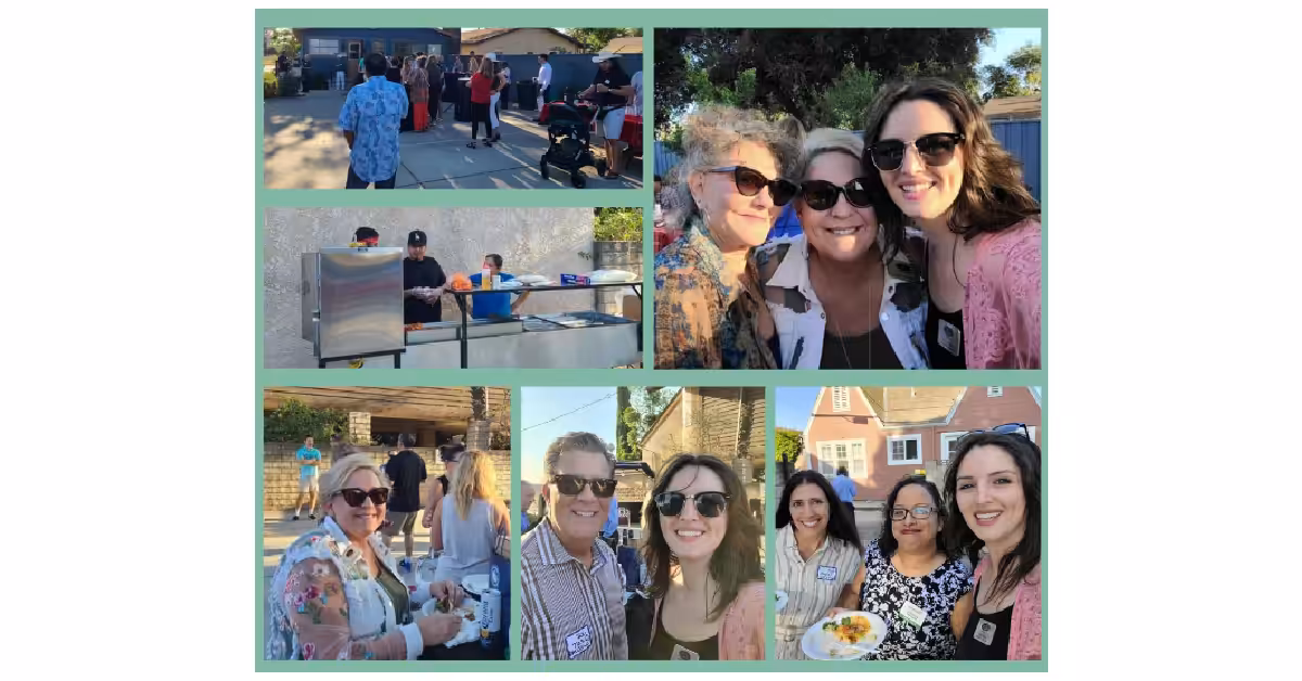 A collage of outdoor gathering photos shows people smiling, chatting, and eating. Some wear sunglasses and name tags. There’s a grill, a food table, and houses in the background on a sunny day.