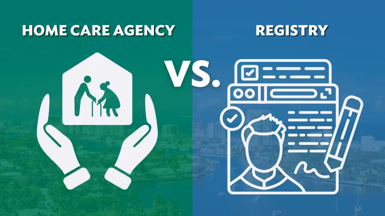 Split image comparing Home Care Agency (icon of hands holding a house with two people) on a green background and Registry (icon of a form with a person’s face and a pencil) on a blue background, with VS. in the center.