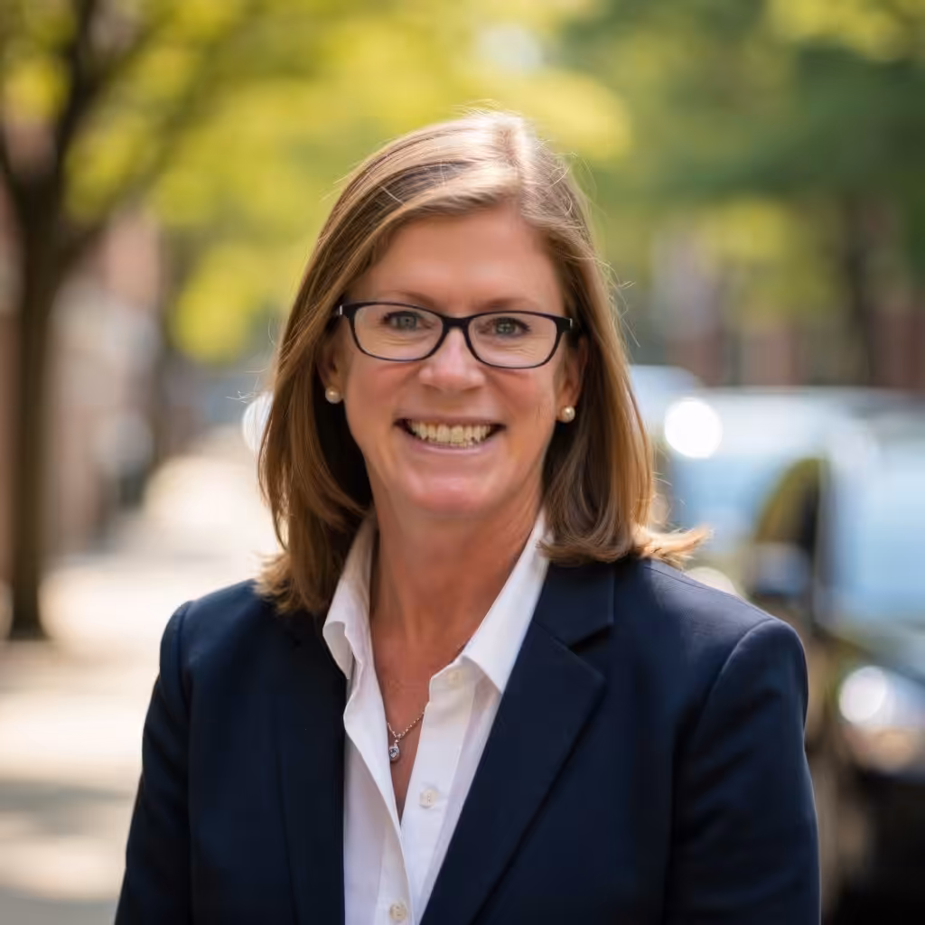 A woman with shoulder-length brown hair and glasses, wearing a dark blazer and white shirt, smiles outdoors on a sunny day with trees and parked cars in the background.