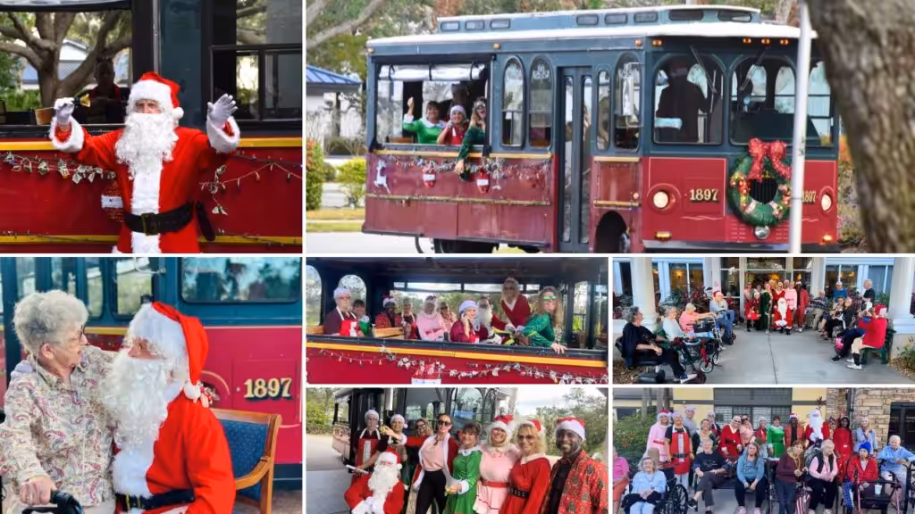 A collage shows Santa and festively dressed people riding a decorated red trolley, waving, posing for photos, and interacting with seniors outside on a sunny day. Decorations include wreaths and holiday garlands.