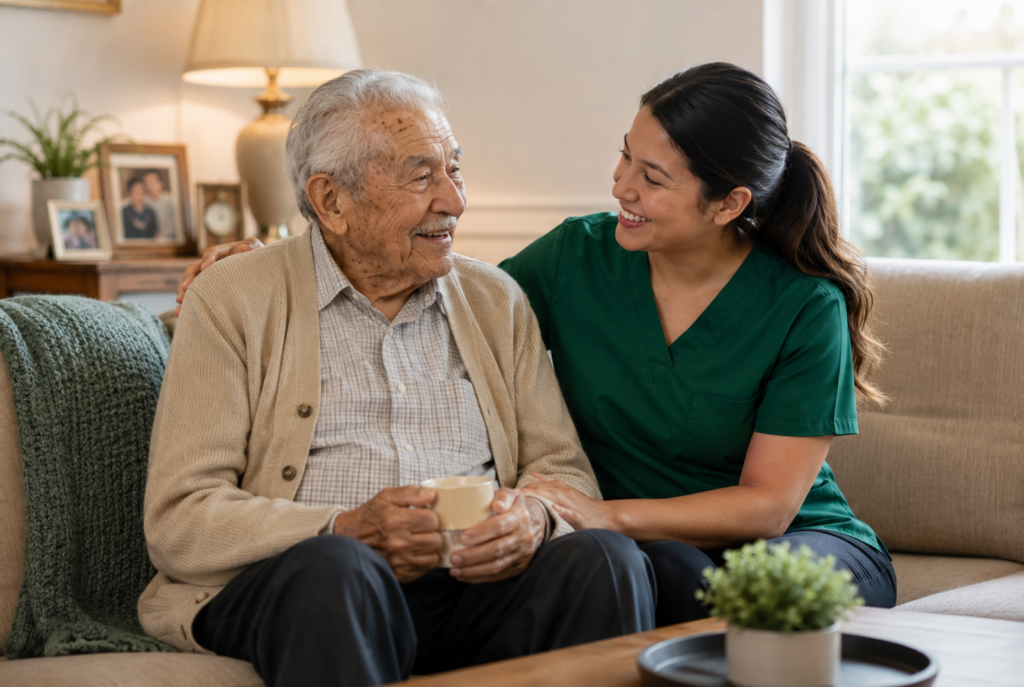An elderly man sits on a couch holding a mug, smiling at a woman in green scrubs who sits beside him, gently touching his shoulder. They appear happy in a cozy, well-lit living room.
