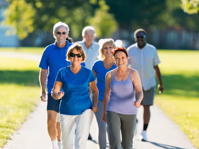A group of six older adults walk together on a sunny path in a park, smiling and wearing casual, comfortable clothes. Trees and green grass are visible in the background.