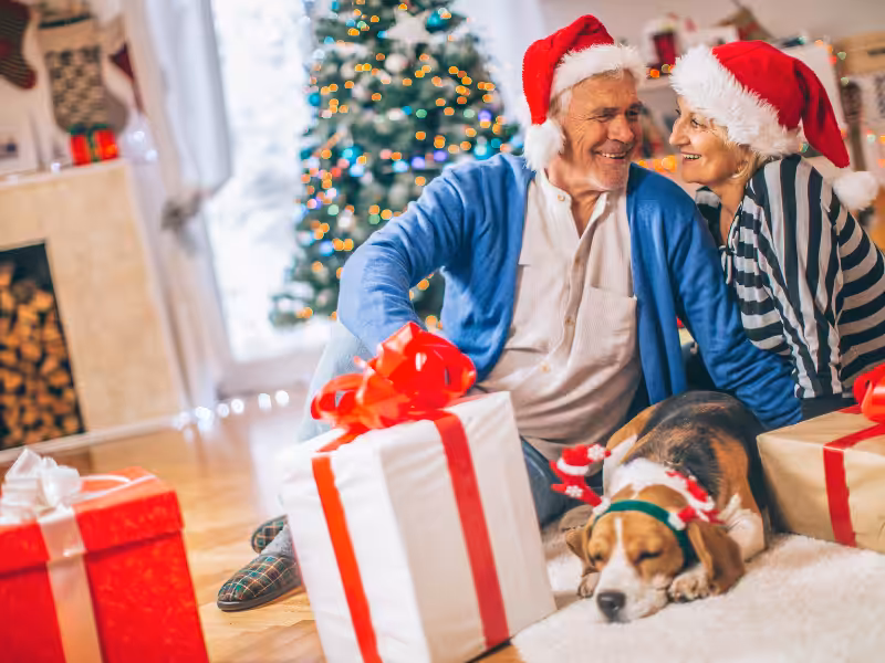 An older couple wearing Santa hats sit smiling together by a Christmas tree, surrounded by wrapped gifts. A dog with antlers headband lies peacefully in front of them. The cozy room is decorated for the holidays.