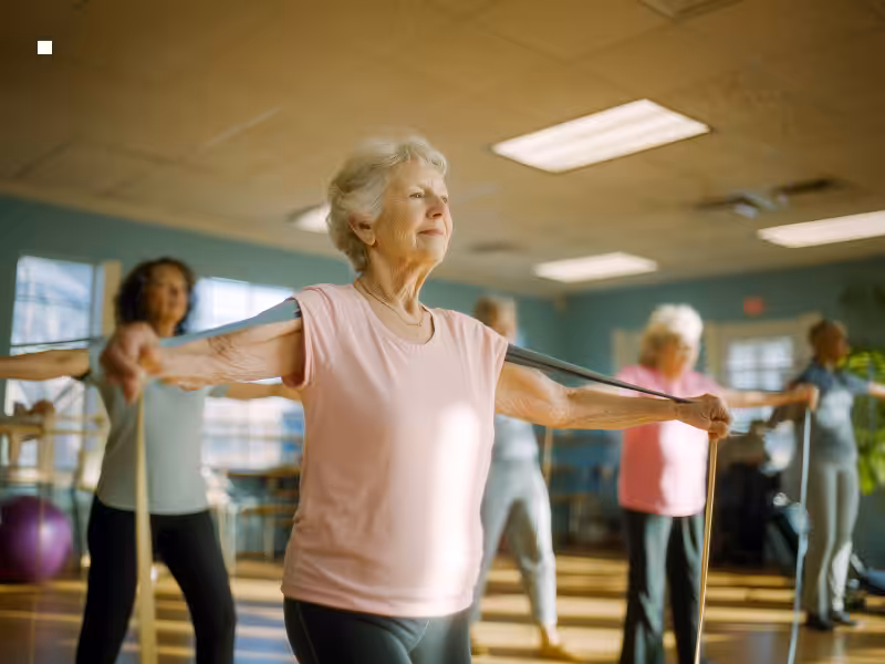 A group of older adults participates in a fitness class, stretching with resistance bands in a bright, spacious room. The focus is on a smiling woman in a pink shirt, arms extended, enjoying the activity.